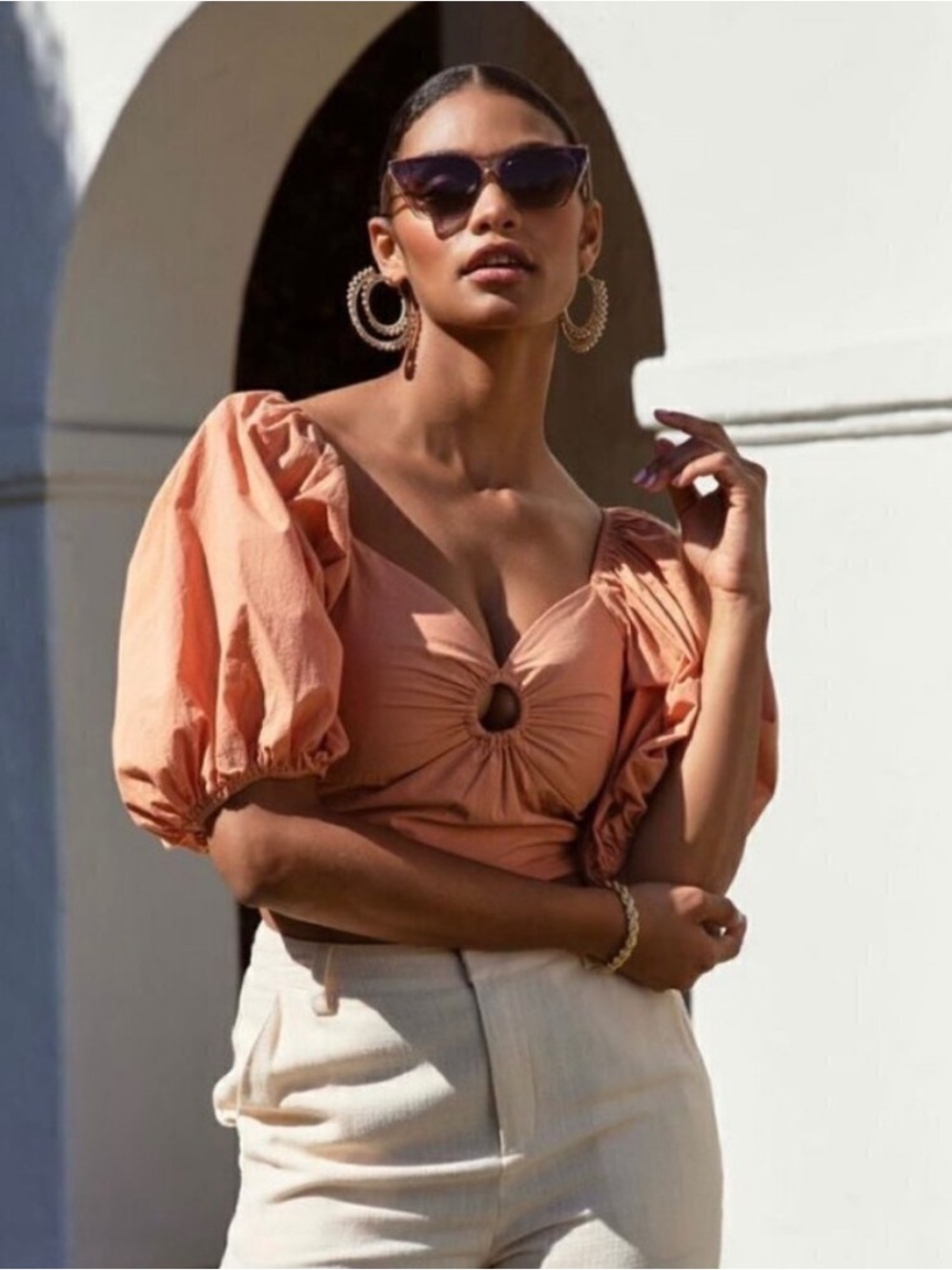 NWT Abercrombie & Fitch Puff Sleeve Poplin O’Ring Crop Top, orange, Size Small - Picture 2 of 12